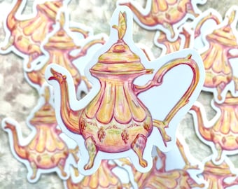 Vintage Teapot Laminated Vinyl Sticker, Pastel Color Palette