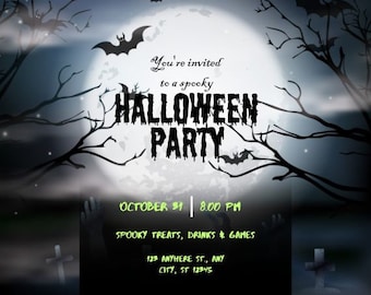 May include: A Halloween party invitation with a spooky theme. The invitation features a full moon, bats, and the text "You're invited to a spooky HALLOWEEN PARTY". The date and time of the party are listed as "OCTOBER 31 | 8:00 PM".