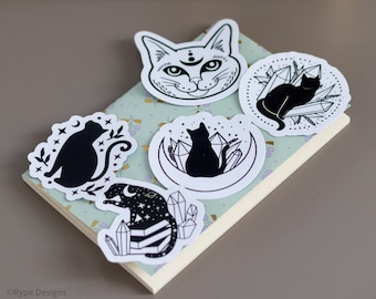 5 Celestial Cats Sticker Set, Mystical Black Cats Stickers