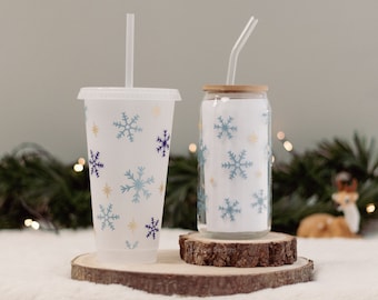 Personalised Winter Cups, Snowflakes Iced Coffee Cups, Cold Cups For Gifts, Christmas Glass Cup With Straw, Plastic Christmas Cup Starbucks