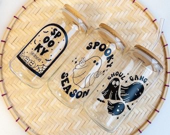 Ghouls Spooky Season Cup, Halloween Personalised Libbey Glass, Cute Halloween Cold Glass Cup With Straw Lid, Spooky Gifts