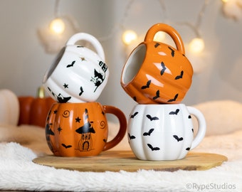 Halloween Pumpkin Mug, Spooky Season Coffee Mug, Cute Halloween Mug Decor, Bats Mug, Witch Mug, Ceramic Mug Halloween