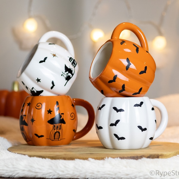 Halloween Pumpkin Mug, Spooky Season Coffee Mug, Cute Halloween Mug Decor, Bats Mug, Witch Mug, Ceramic Mug Halloween