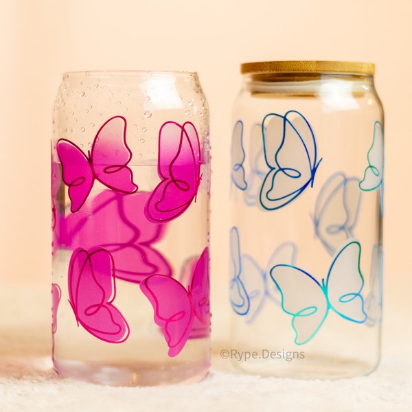 Color Changing Butterfly Libbey Glass Cup, Butterfly Designs Drink Set With Glass Straw and Lid, Unique Gift Ideas, Valentines Gifts for Her