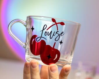 Personalized Glass Mug , Custom Cherry Cup with Name, Cherry Name Coffee Mug,  Gift for Her, Aesthetic Drinkware, Tea Mug with Names