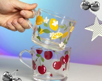 Handmade Transparent Glass Mug, Cute Aesthetic Lemon, Cherry Design, Unique Coffee Cup, Tea Lover Gift, Fruit Themed Drinkware