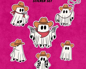 6 Cowboy Ghouls Sticker Set, Cute Ghosts Spooky Stickers, Halloween Laptop Decals, Spooky Season Glossy Sticker Set