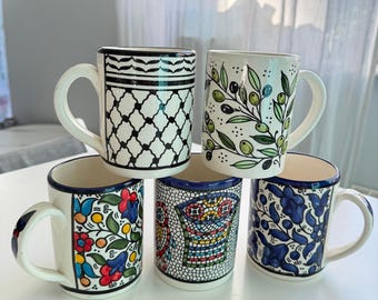 Handmade Ceramic Mug, Keffiyeh Design from Palestine, Artisan Coffee or Tea Pottery Gift
