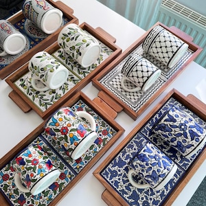 Handmade Palestinian Ceramic Mug & Serving Tray | Decorative Pottery | Coffee Tea Dates Set