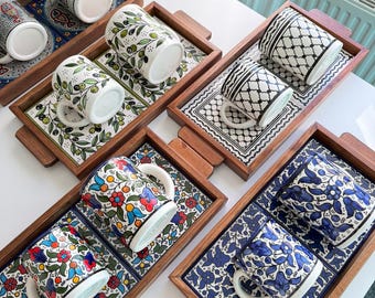 Handmade Palestinian Ceramic Mug & Serving Tray | Decorative Pottery | Coffee Tea Dates Set
