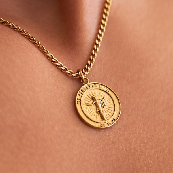 Gold My Redeemer Lives Necklace, 18k Gold Christian Necklace, Circle Christian Pendant, Gold Jesus Necklace, Disciple Jewelry,