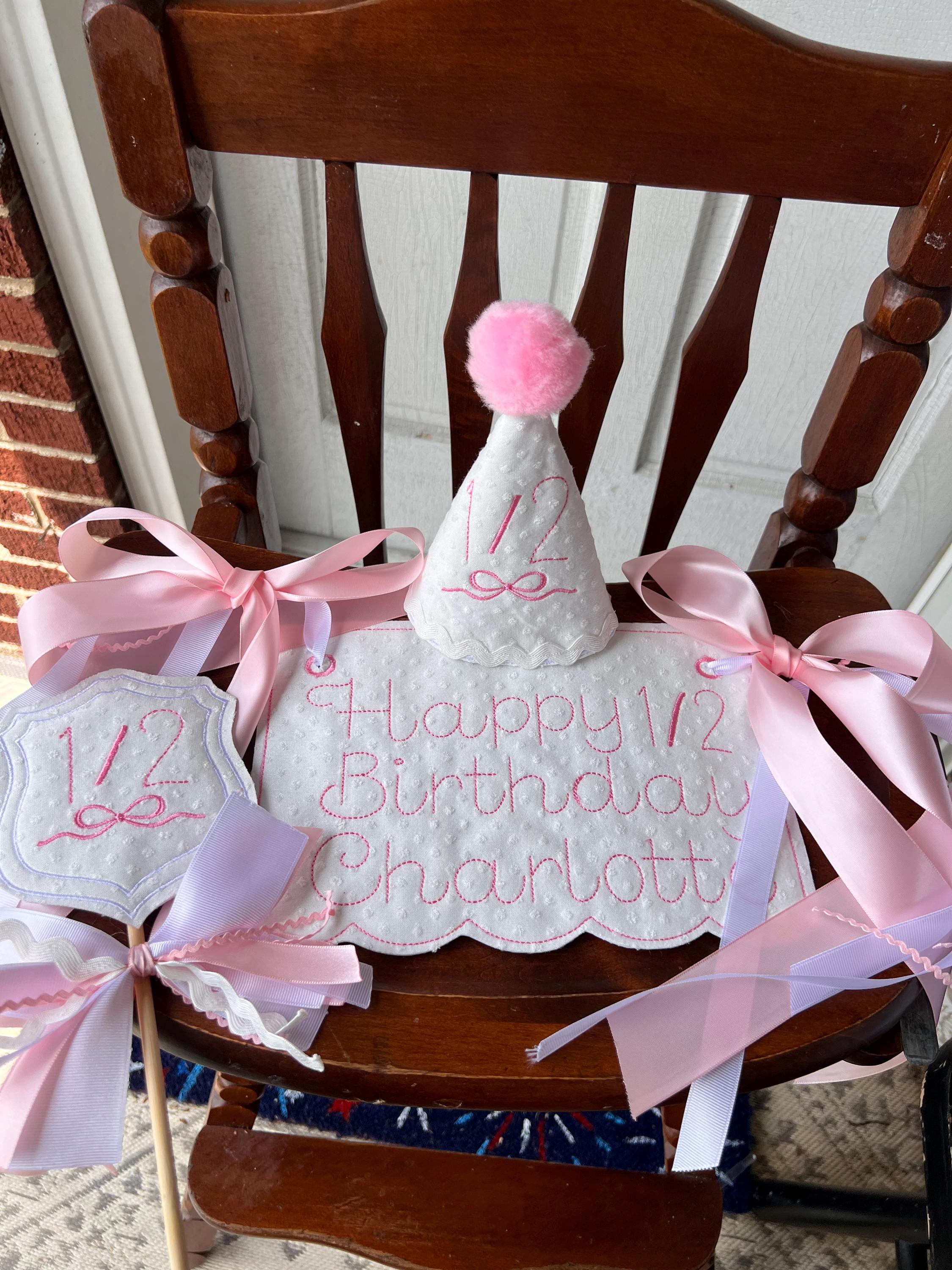 Embroidered Birthday Banner First Birthday Monogrammed High chair banner 1/2 birthday Swiss dot Pink  Grandmillenial