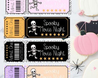Spooky Movie Night Party Printable Tickets Skeleton Boo Basket Instant download Halloween Canva