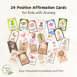 24 carte di affermazione positiva per bambini con ansia Mazzo scaricabile di incoraggiamento alla positività stampabile per bambini PDF sull'autostima quotidiana