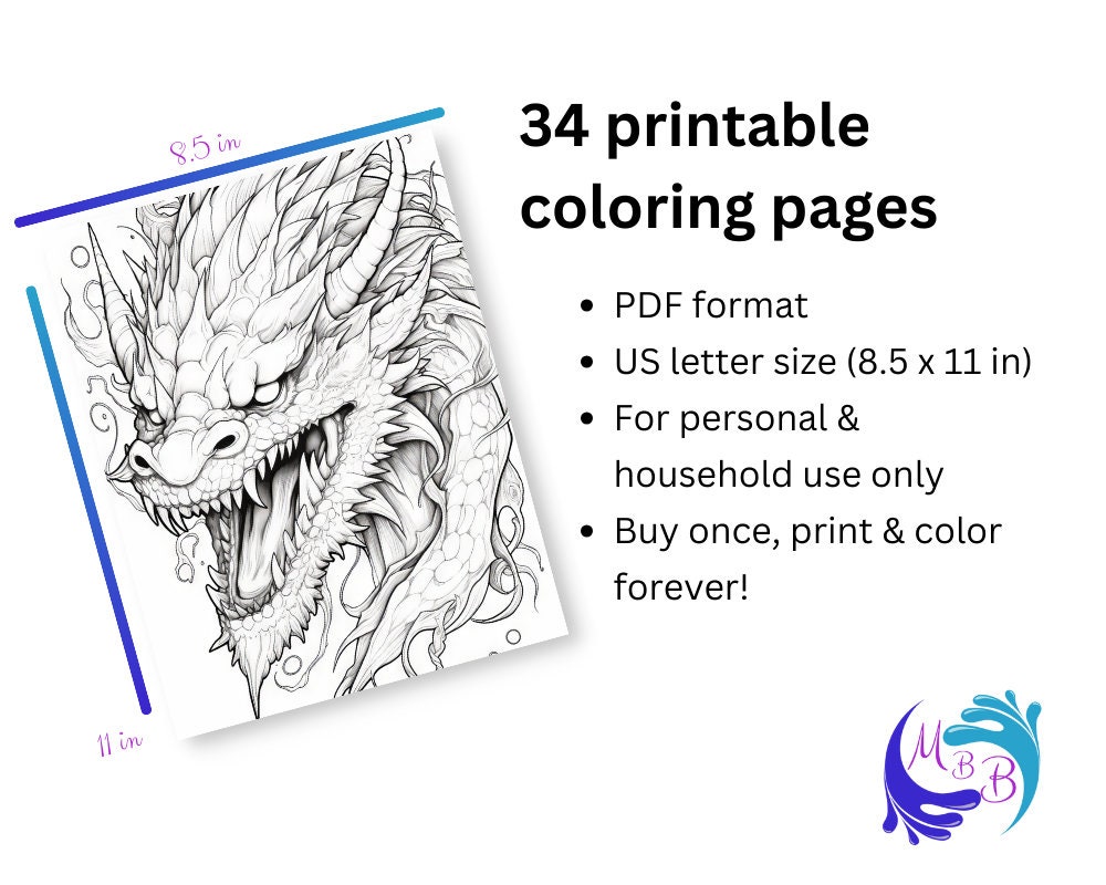 Dragons Printable Coloring Pages for Teens and Adults - Etsy