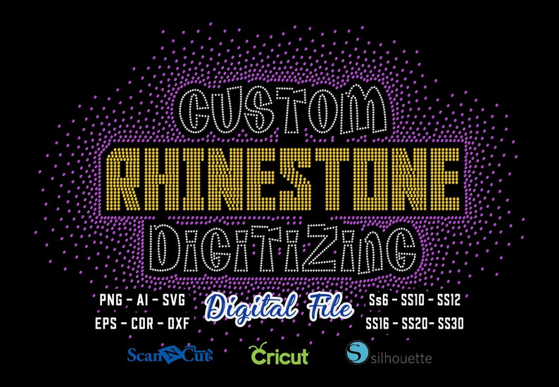 Puede incluir: Un archivo de dise&ntilde;o digital para la digitalizaci&oacute;n personalizada de diamantes de imitaci&oacute;n. El dise&ntilde;o presenta las palabras "CUSTOM RHINESTONE DIGITIZING" en un esquema de color dorado y morado. El archivo es compatible con las m&aacute;quinas de corte ScanNCut, Cricut y Silhouette. El archivo incluye tama&ntilde;os de SS6 a SS30.