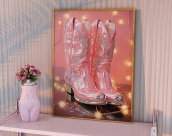 Pink Cowboy Boots Western Wall Art, Eclectic Wall Art, College Dorm Decor, Bar Cart Wall Art, Pink Preppy y2k Wall Decor,Coastal Cowgirl Art