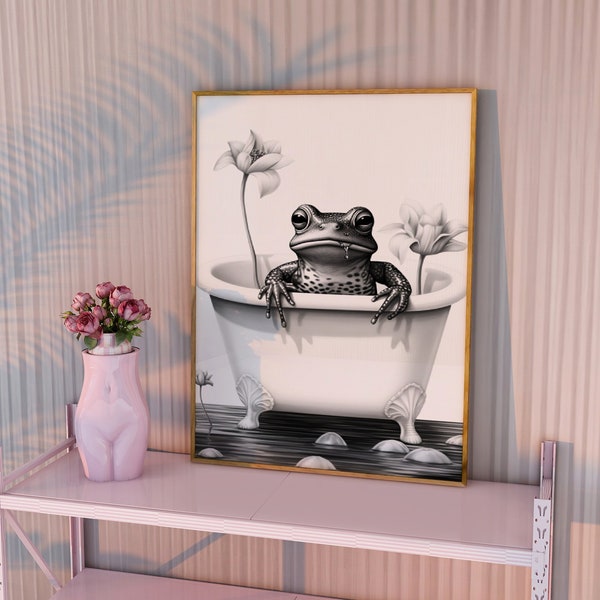 Frog Bath Wall Art, Goblincore Art, Bathroom Wall Decor, Eclectic Boho Wall Art, Preppy Room Decor, Indie Room Art, Maximalist Wall Decor