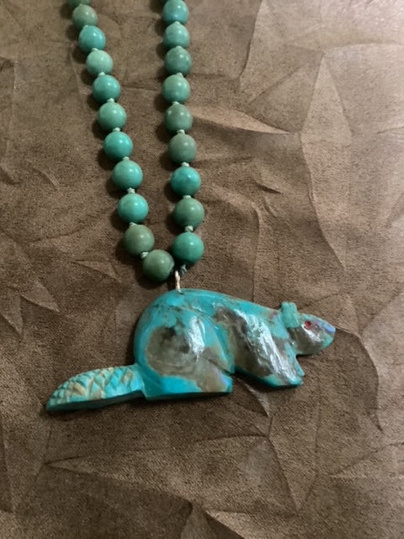 Turquoise Beaded Necklace with Turquoise Carved B… - image 2