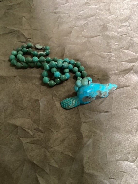 Turquoise Beaded Necklace with Turquoise Carved B… - image 3