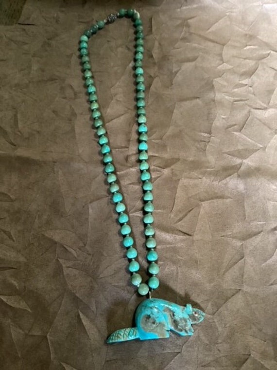 Turquoise Beaded Necklace with Turquoise Carved B… - image 1