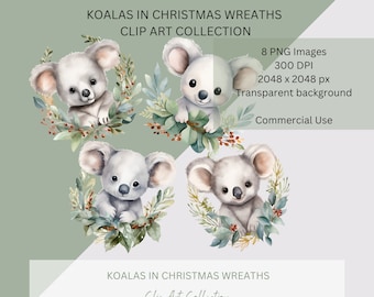 Koalas in Christmas Wreaths Clip Art Collection, Aussie Animals, Cute Koala, Instant Download, PNG, 300 DPI, Commercial Use Allowed