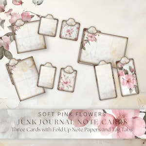 Soft Pink Flowers Junk Journal Note Cards Set Stile 1A, Soft Pink Flowers, Stampa floreale, Download immediato, JPG, 300 DPI, Solo per uso personale