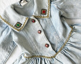 Vintage 1990s Wee Boxers Dress, Bejeweled, Vintage Toddler Baby Fashion, Denim Dress