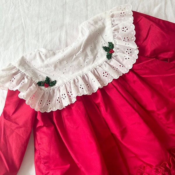 Vintage Martha’s Miniature, 4T, Made in USA, Red Dress with Eyelet Collar, Cottacore, Classic Christmas