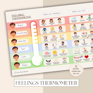 Känslotermometer, självreglering, social-emotionell inlärning, utskrivbar lugnhörna för barn, känslotabel, visuellt stöd för autism, social-emotionell pedagogik