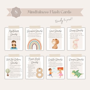Tarjetas didácticas de atención plena Afirmaciones positivas Imágenes visuales Ejercicios de respiración para niños Actividades para niños pequeños Enseñanza de técnicas de relajación