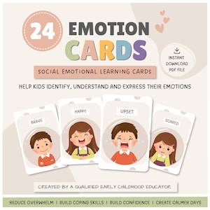 May include: A set of 24 emotion cards featuring illustrations of children expressing feelings like brave, happy, upset, and scared. The cards include text labels for each emotion and are designed for social emotional learning, with an instant download PDF.