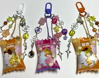 Cute Popcorn Shaker Charm Keychain, Beaded Japanese Gachapon Trinket Accessory