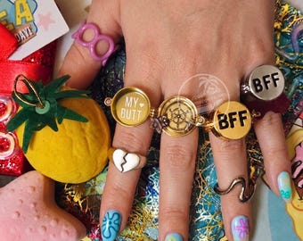 Conjunto de anéis personalizados para melhores amigas, giratórios em ouro e prata, caixa de presente, cartões feitos à mão.