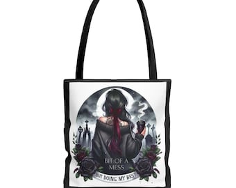 Bolsa de mano con ilustración gótica / Mujer, rosas, escena lunar en cementerio