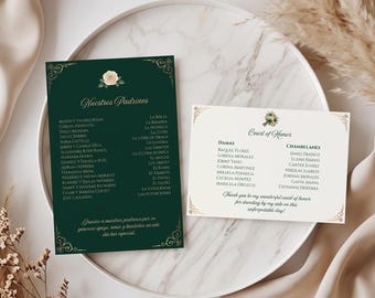 Quinceañera Padrinos List, Court of Honor Insert Card — Emerald Elegance Editable Canva Template, Add-On Set, Q101