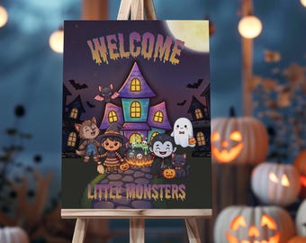 Halloween Welcome Sign, Kids Monster Costume Party Sign — Calling All Monsters Editable Canva Template, 2 Sizes | H103