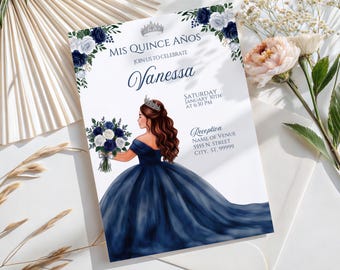 Navy Blue Quinceañera Invitation, Floral Mis Quince Años Invite Template — Elegant Navy Editable Canva Template Suite. Q102