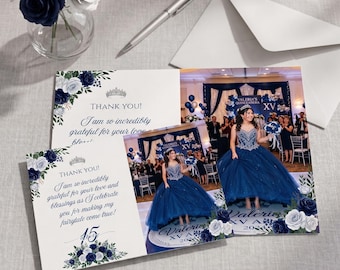 Quinceañera Thank You Card, Photo Thank You Card Template — Elegant Navy Editable Canva Template, 5x7 & 4x6, Q102