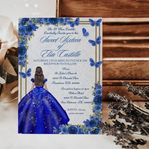 Invito floreale blu reale per i sedici anni, dolce sedici, invito floreale per la festa del sedicesimo compleanno, download digitale modificabile, modello in Canva