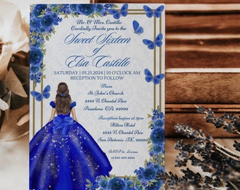 Royalblaue Blumen Sweet 16-Einladung, Sweet Sixteen, Blumen einladen zur 16.Geburtstagsfeier, bearbeitbarer digitaler Download, Vorlage in Canva