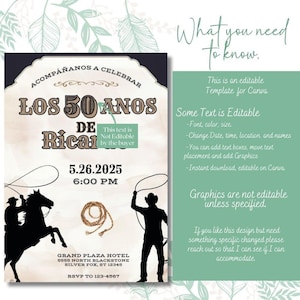Vaquero 50th Birthday Invitation, Rodeo Theme, Cowboy Birthday, Mens Birthday Invite, Mexican Fiesta, 50th Birthday Idea, 5x7 Canva Template image 8