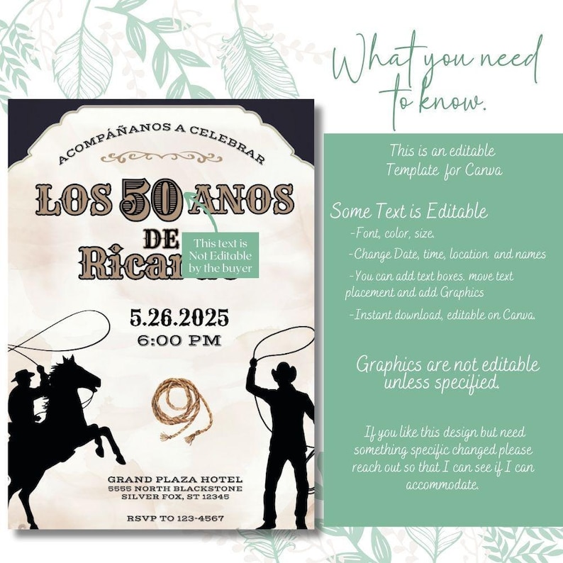 Vaquero 50th Birthday Invitation, Rodeo Theme, Cowboy Birthday, Mens Birthday Invite, Mexican Fiesta, 50th Birthday Idea, 5x7 Canva Template image 8