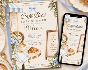 Cafe Bebe Baby Shower Invitation: French Cafe Editable Canva Template | L108
