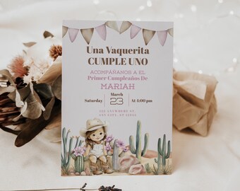Una Vaquerita Cample Uno, Spanische Einladung, Rodeo Thema, Kleines Cowgirl, Western-Themaparty, Vaquerita Cowboy, 5x7 Canva Vorlage