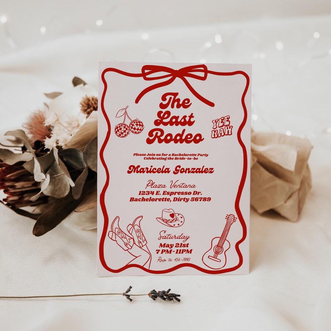 The Last Rodeo, Cute Pink & Red Bachelorette Invitation, Cowgirl Bach ...