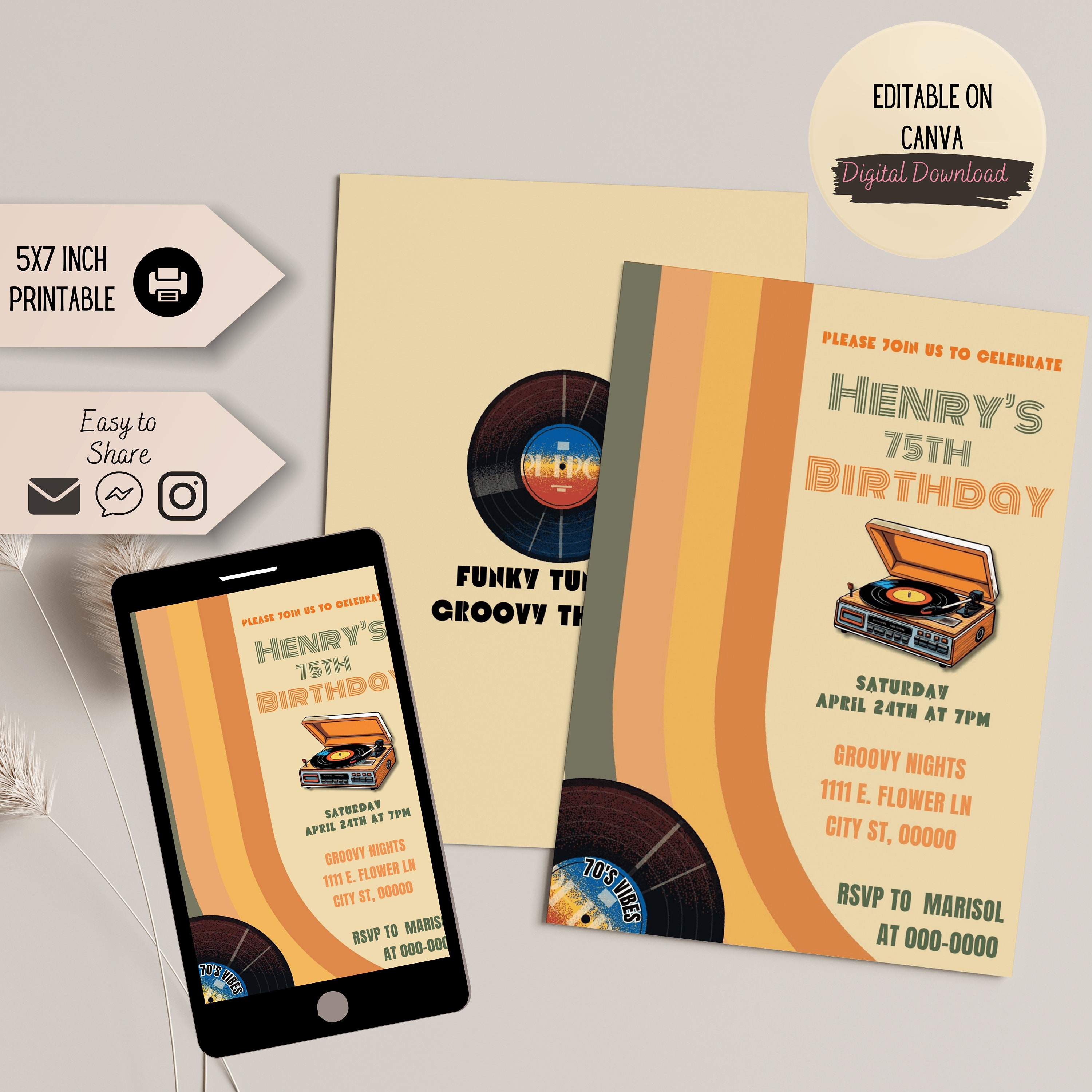 75th Birthday Invitation 70's Invitation Template 70's Style 75th ...