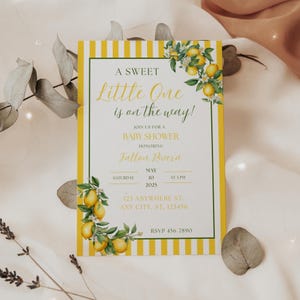 Sweet Little One, Striped Lemon Baby Shower Invitation, Lemon Party, Citrus Baby Shower, Lemonade Baby, Editable Canva Template, L127