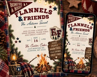 Autumn Social Bonfire Invitation: Flannels and Friends Plaid Canva Template