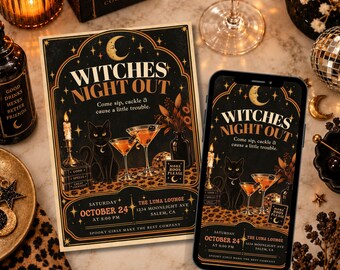 Vintage Witches Night Out Invitation, Adult Halloween Girls Night, Editable Canva Template